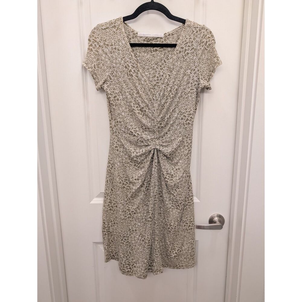 Athleta Olive Green Brown Printed V-Neck Twist Front Short Sleeve Dress Small